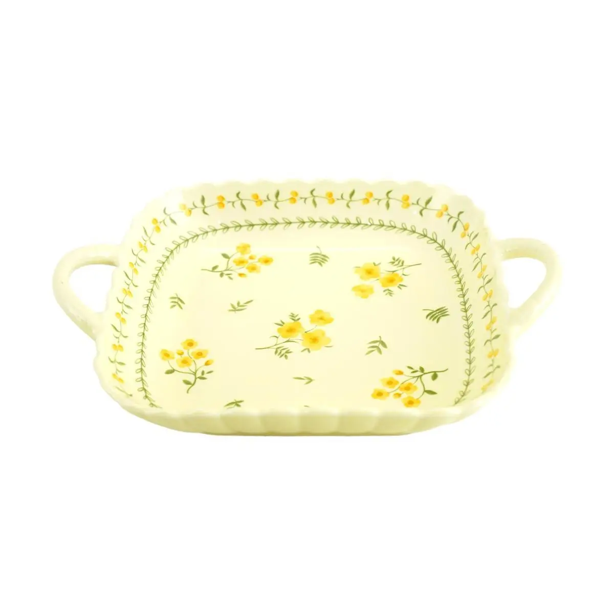 Golden Lion Japanese Style Ceramic Square Plate with Handles - Rustic Yellow Glaze Spring Blossom Lotus Design, 23.5cm/9.25" - Elegant Serving Dish for Appetizers, Desserts, Home Decor