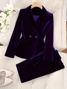 Ladies' solid color elegant and fashionable versatile commuting velvet suit with lapel wrap-around blazer and trousers, suitable for Formal office wear, casual weekends and evening wear.