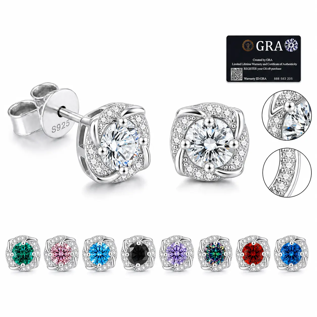 Square Swirl Frame Round Moissanite Stud Earrings, Butterfly Back Lab-Created Moissanite, S925 Sterling Silver, Multicolor Birthday Anniversary Gift for Women