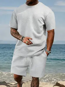 Men's T-Shirt & Short Set, 2-Piece Crew Neck Design, Textured, Loose Fit, Breathable for Comfortable Wear, Ideal for Everyday Use