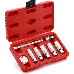8- 3/8 Inch Drive Spark Plug Socket Set with Spark Plug Gapper, Universal Joint and Extension Bar, SAE & Metric, 5/8-inch, 3/4-inch, 13/16-inch, 14mm, 18mm, CR-V Steel Sockets with Rubber