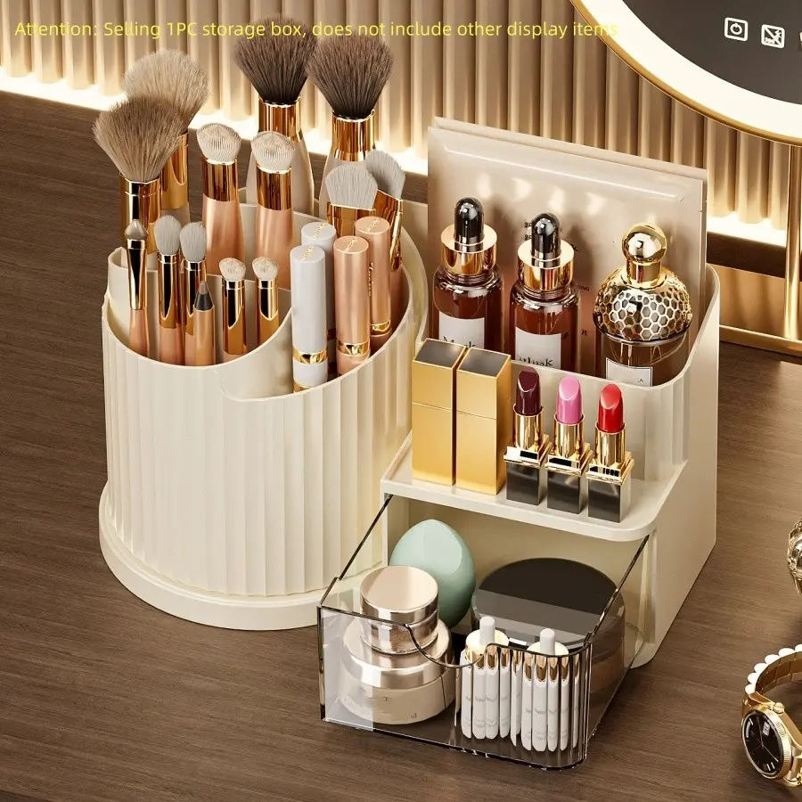 360 Degree Rotating Makeup Storage Box with Drawer Dividers, Durable Plastic Cosmetic Organizer, Space Saving Desktop Dressing Table Vanity Case