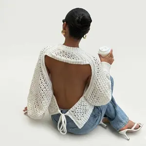 2026 Summer New Arrival French Romantic Backless Cutout Knit Pullover Backless Sweater for Womenswear Knitwear