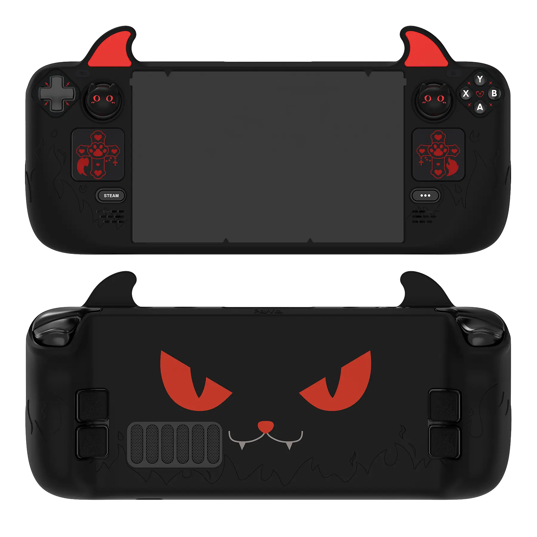 PlayVital Cute Demon Protective Case for Steam Deck LCD & OLED, Kawaii Anti-Slip Protector for Steam Deck OLED with Thumb Grip Caps & Trackpads Stickers & Back Button Enhancement Set - Purple & Black & Pink