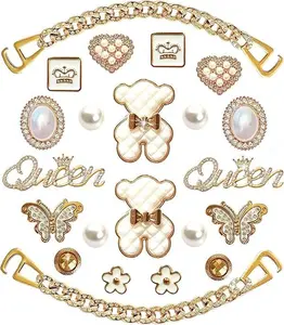 Bling Shoe Charms for Women Gold Pearl Teddy Bear Butterfly Queen Accessories for Clog Sandals