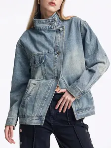 Women's Vintage Washed High Neck Asymmetric Button Loose Denim Jacket, Street Style Trendy Versatile Jacket Top, Suitable For Spring, Autumn And Winter Seasons