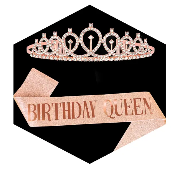 CAVETEE Rose Gold Birthday Queen Sash and Crown Rhinestone Tiara Hair Accessories Shiny Tiaras with Sash Glitter Tiara Set Birthday Party Decorations Party Favors Photo Props Gifts for Women