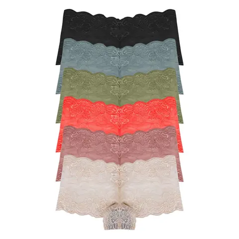 Women's 6-Pack Sheer Lightweight Lace V-Waist High-Cut Panties - Soft Fabric, Sweet Cheeky Bikini Briefs, True-to-Size Leg Design, Chic Pastels, Fit-Focused Daily Wear Panty