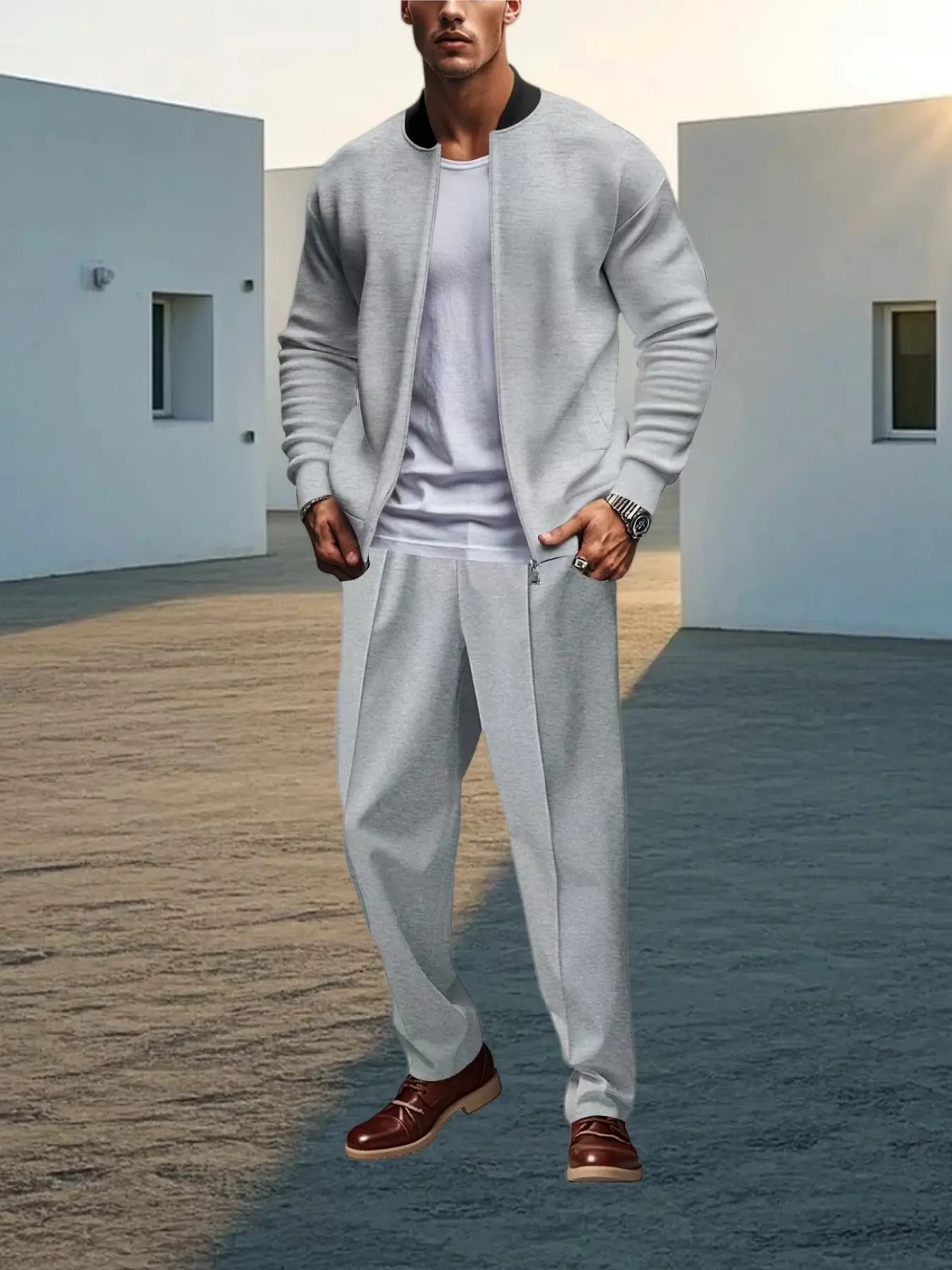 fall outfits Men's autumn and winter fashionable casual baseball jacket set, baseball collar jacket paired with matching straight-leg pants, simple and neat, easy to match, suitable for daily outings and light business, fully showcasing the charm of a sty