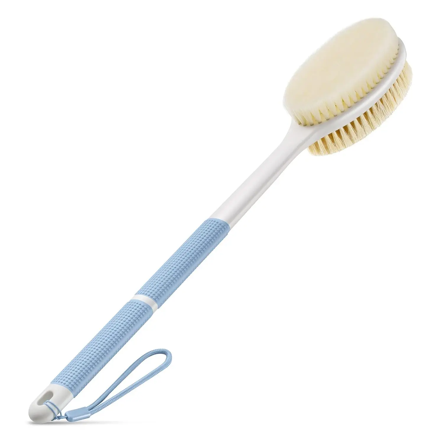 Long Handle Back Scrubber for Shower, Dual Bristle Bath Brush with Anti Slip Grip, Shower Cleaning Brush for Wet or Dry Use, Blue