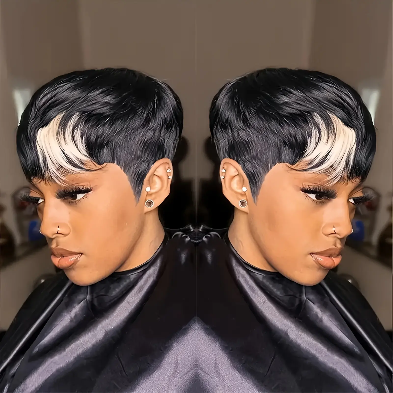 Female 100% Human Hair Pixie Bob Wig - Short Layered Haircut with Bangs, Non-Lace Convenient Wigs for Easy Natural Styling