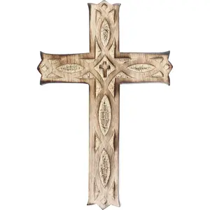 Wooden Wall Cross Plaque 9" Long Hanging with Hand Carvings Religious Altar Home Living Room Decor