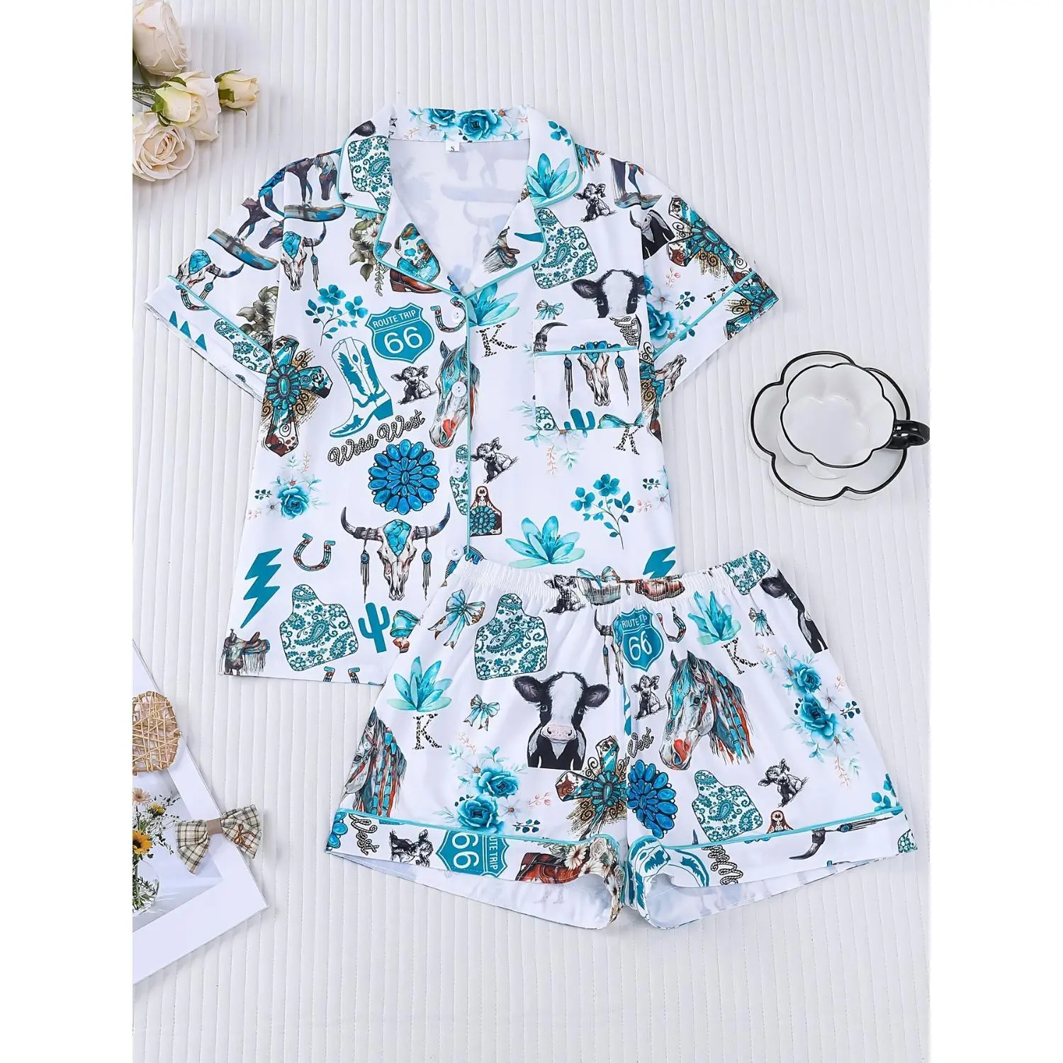 Women's Pajama Set Trendy Blue and Blue Contrasting Western Style Denim Cactus Cow Head Theme Printed Short Sleeved Shorts Comfortable Collar Cardigan Button Design Elastic Waistband Casual Home Wear Versatile Home Wear