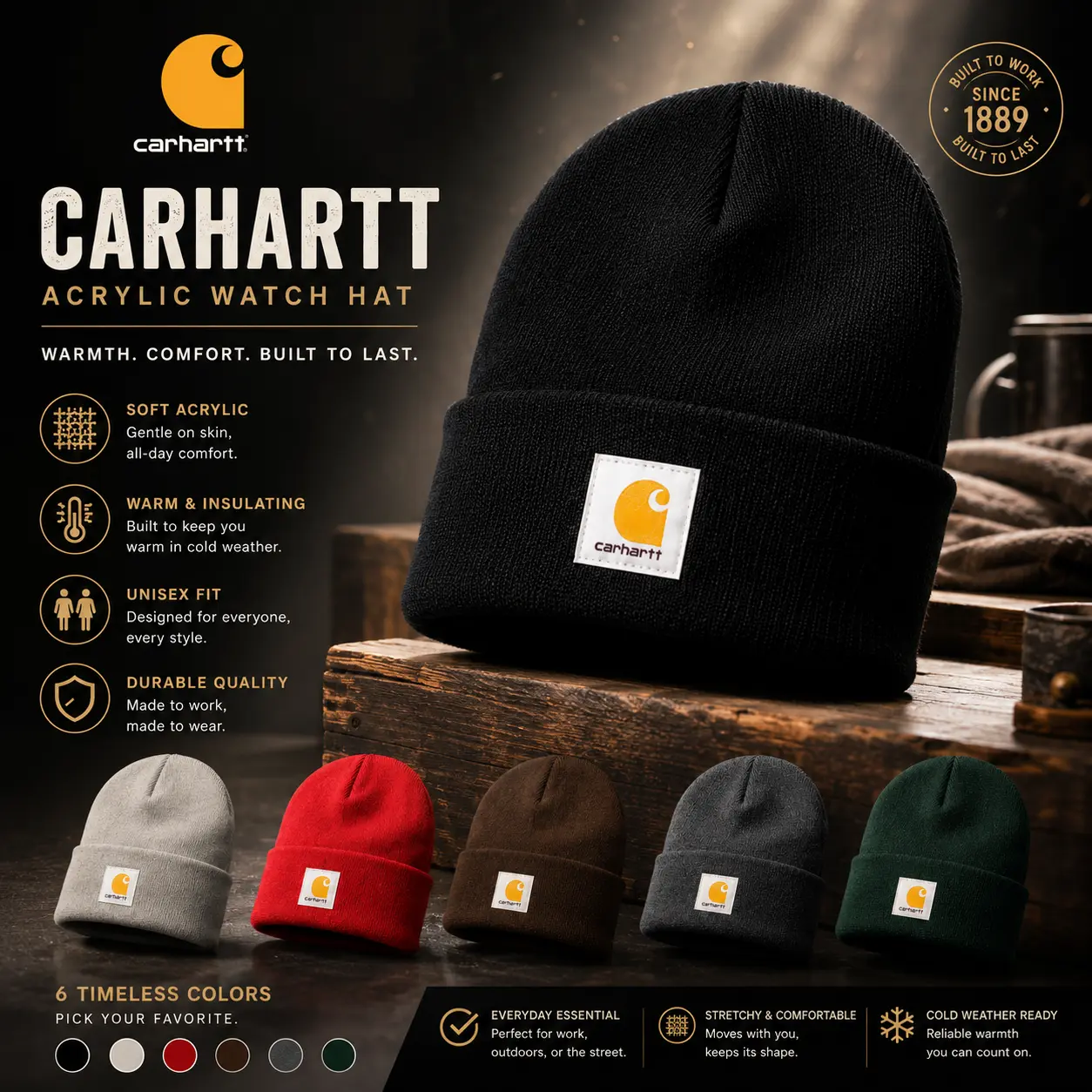 Carhartt Knit Watch Beanie Winter Hat for Men & Women Premium Acrylic Cuffed Stretch Cap Warm Soft Comfortable Outdoor Workwear Skull Cap Casual Streetwear Cold Weather One Size Adult Fashion Gift
