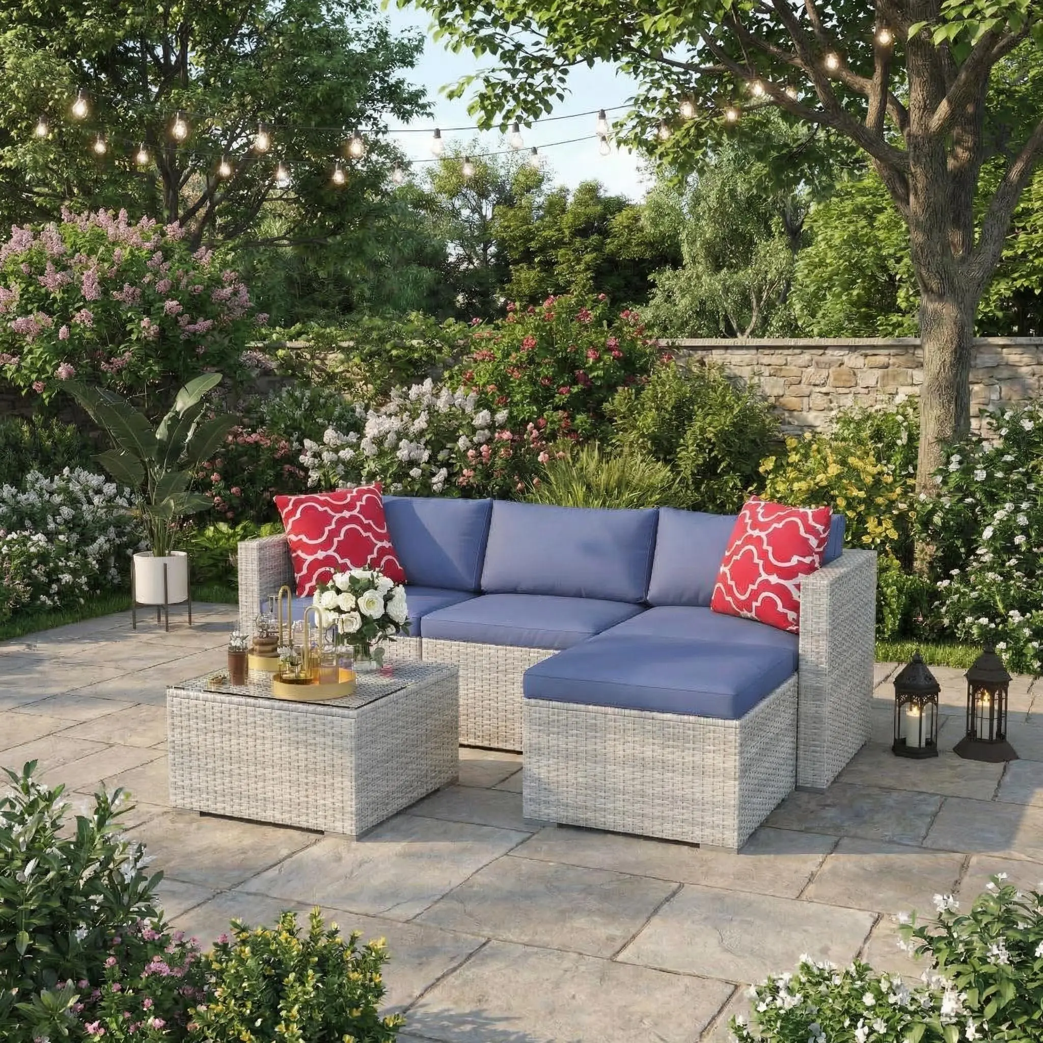 GAOMON 5-Piece L-Shaped Outdoor Patio Furniture Set,PE Wicker Sectional Sofa Set with Cushions and Tempered Glass Table,Steel Frame Conversation Set for Backyard,Poolside Gray Gradient Wicker / Blue Cushions