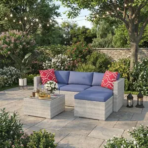 Gaomon 5-Piece 5-Seat L-Shaped All-Weather Outdoor Sectional Sofas Set, PE Wicker Multi-Config Patio Furniture with Cushions, Tempered Glass Table & Steel Frame for Backyard, Poolside (Gray Gradient Wicker/Blue Cushions), Five Seats
