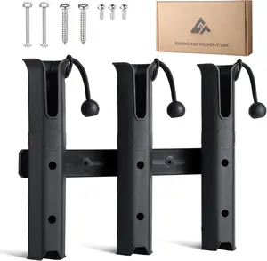 3-Tube Adjustable Fishing Rod Holder Bracket, Self-Adhesive Fishing Pole Holders for Garage Wall Mounted Fishing Rod Holders for Fishing Boat Golf Cart Cooler ATV Trailer (Black)