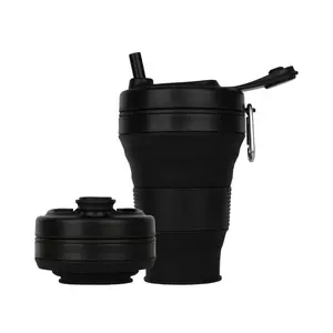 Silicone Coffee Cup with Straw lid Collapsible Cups for Traveling 20oz Lightweight Folding Water Mug for Picnic Hicking Camping Climbing (Black)