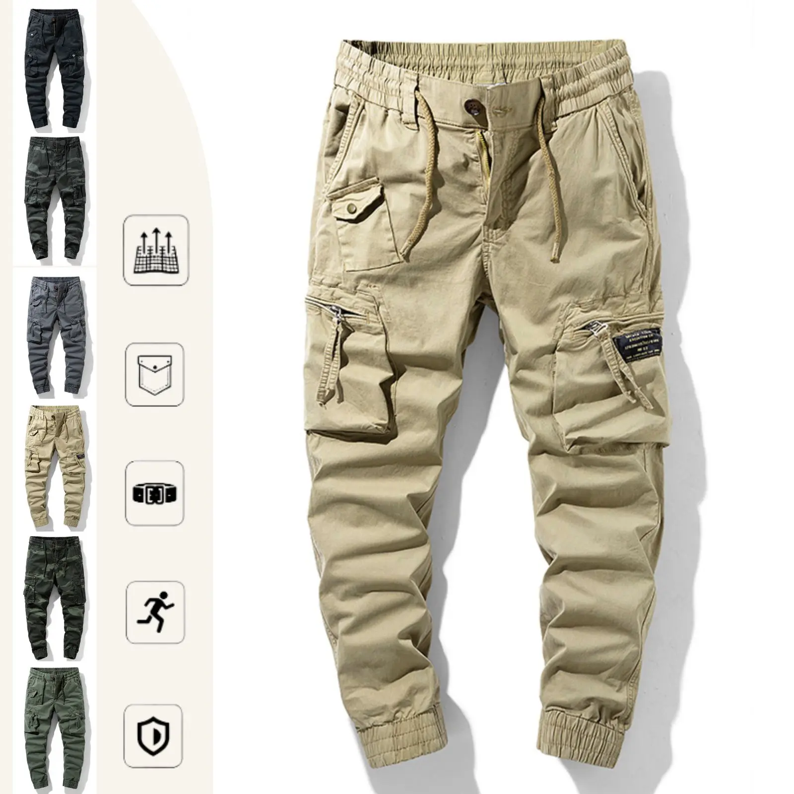 Menswear Plain Cotton Elastane Cargo Jogger Pants with a Stylish Double Layer Design, Mid Waist Fit, and Zippered Pockets, Casual Chic, Colorblock Plain