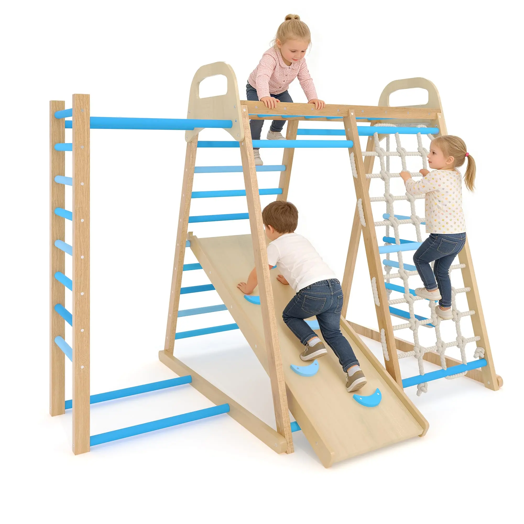 7-in-1 Wooden Jungle Gym, Indoor Kids Climbing Playset for Toddlers