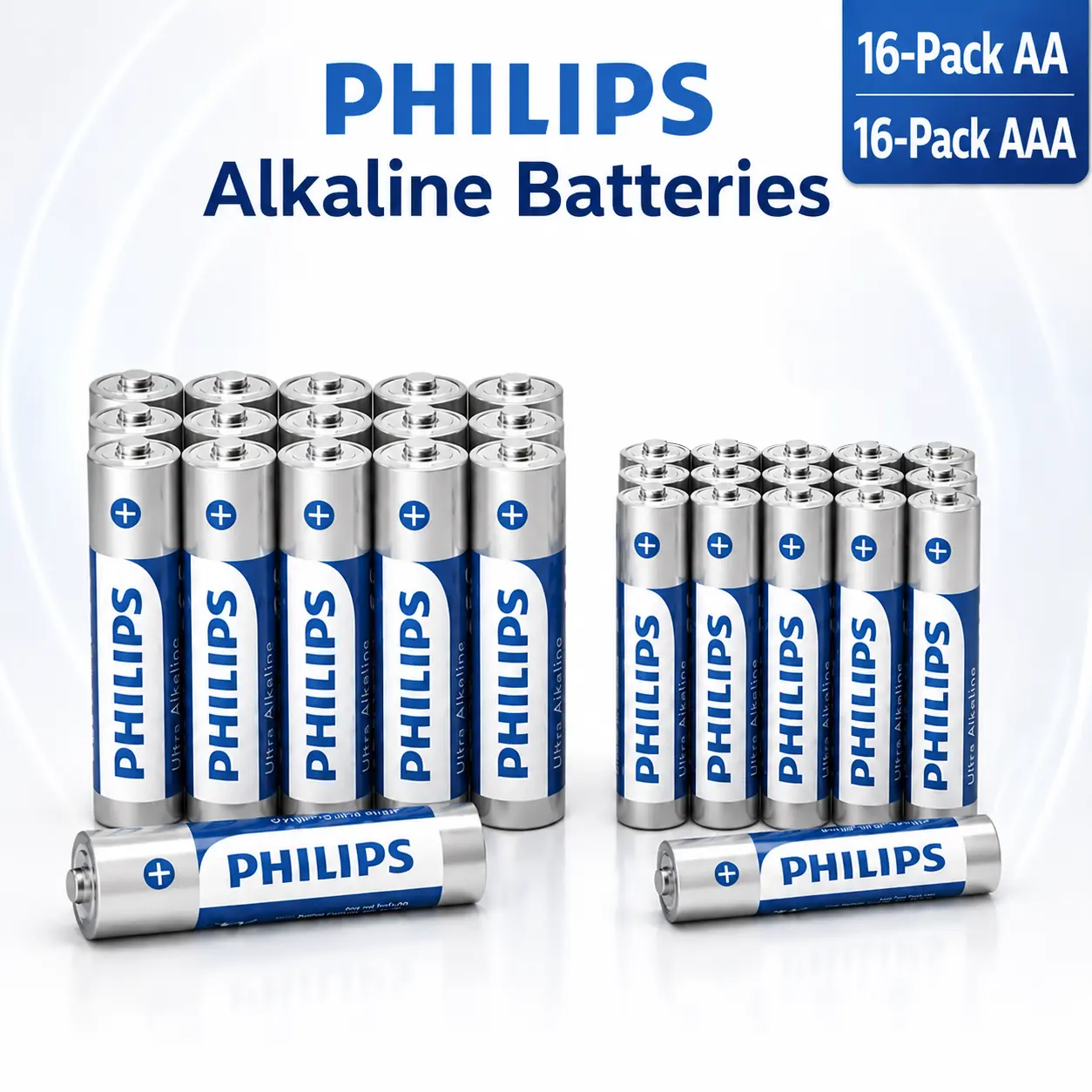PHILIPS AA AAA Alkaline Batteries, 16 AA + 16 AAA, 32 Count Household Backup Pack, Back to School Batteries Bulk