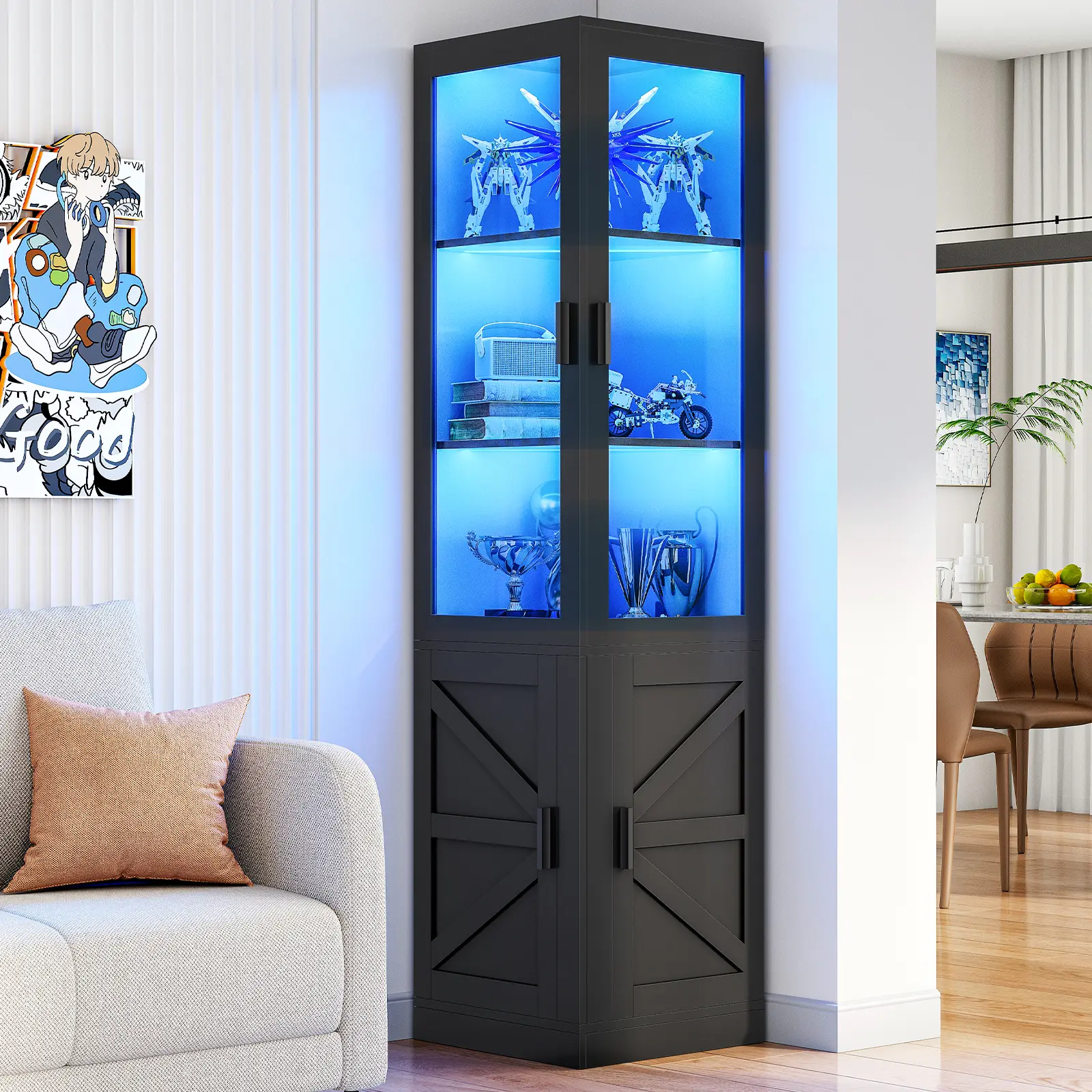 HOOBRO Corner Display Cabinet with Glass Doors，69.5" Glass Display Cabinet with LED Lights, Corner Storage Cabinets for Collectibles, Books, Modern Curio Cabinets Bookcase, Black #SummerVibes