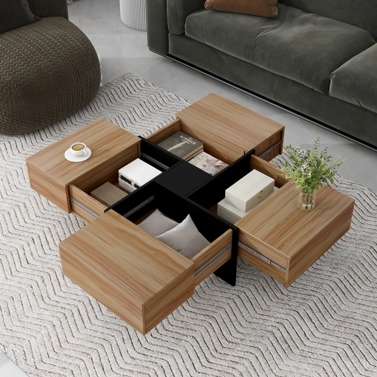 Modernism Coffee Table, 31.5x31.5x13.8 in Square Extendable Particle Board Puzzle-Style Tabletop with 4 Hidden Storage Compartments, Smooth Sliding Rail, 264 LBS Total Load Capacity Accent Table for Living Room, Modernism Coffee Tables