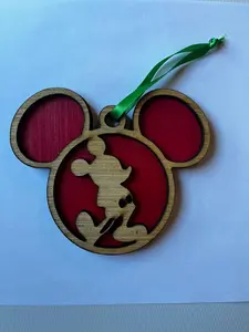 Red Mickey Natural Wood Ornament with Green Ribbon for Festive Decor