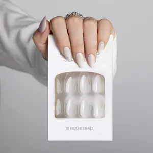 Almond-Short Fake Nails, Reusable Nail Kit Glazed Finish for Weddings, 15 Sizes - 30 Nail Kit with Glue, Women Girl Gift (8-White)