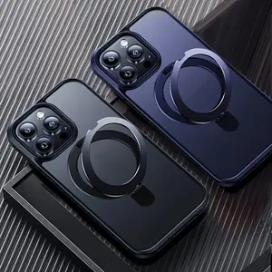 Metal Ring Stand Matte Magnetic Case with Lens Protector for Magsafe IPhone 17Air 17 1615 14 13 12 11 Pro Max Plus 15Pro I15 Mac Safe Cover