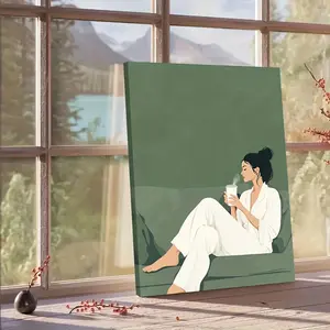 2D Flat, 1pc of 2D High-definition Printed Framed Canvas Art and Poster Featuring A Woman in a White Robe Sitting on a Striped Sofa Suitable As Decorative Art for Living Room Bedroom And Bathroom. Photo Ornaments