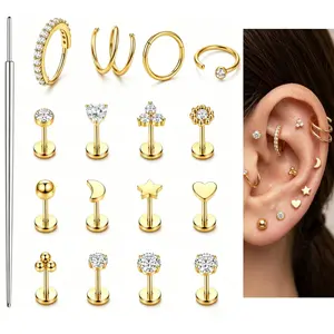 Sicbumi 17PCS  Body Piercing Jewelry Flat Back Earrings Stud Nose Ring for Women Men Hypoallergenic 316L Surgical Steel Earrings Flatback Stud Hoop Cartilage Earring Set for Multiple Piercing,summeroutfits,vacationoutfits,beachout