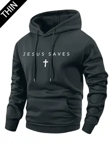 Men's Spring/Autumn Lightweight Long-Sleeve Pocket Jesus Saves Cross Print Hoodie Fashion Casual Sports Streetwear Outdoor Men's Headwear, Perfect Gift for Husband or Boyfriend