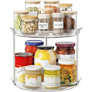2 Tier Lazy Susan Organizer, 9.25'' Rotating Turntable for Cabinet, Stackable Spice Rack Organizer for Kitchen Countertop, Pantry, Bathroom, Clear