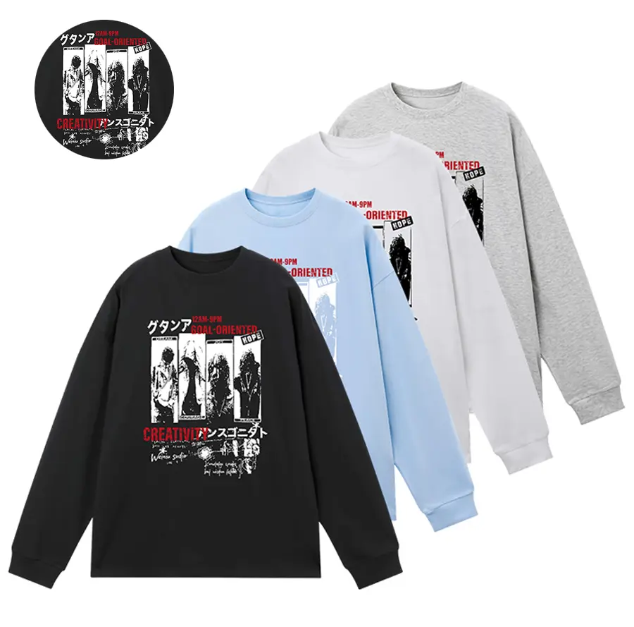 Retro street Japanese-style long-sleeve base layer top with human portrait print; 100% combed long-pile cotton, skin-friendly and breathable; loose drop-shoulder fit; available in four colors; versatile American casual top for all seasons.