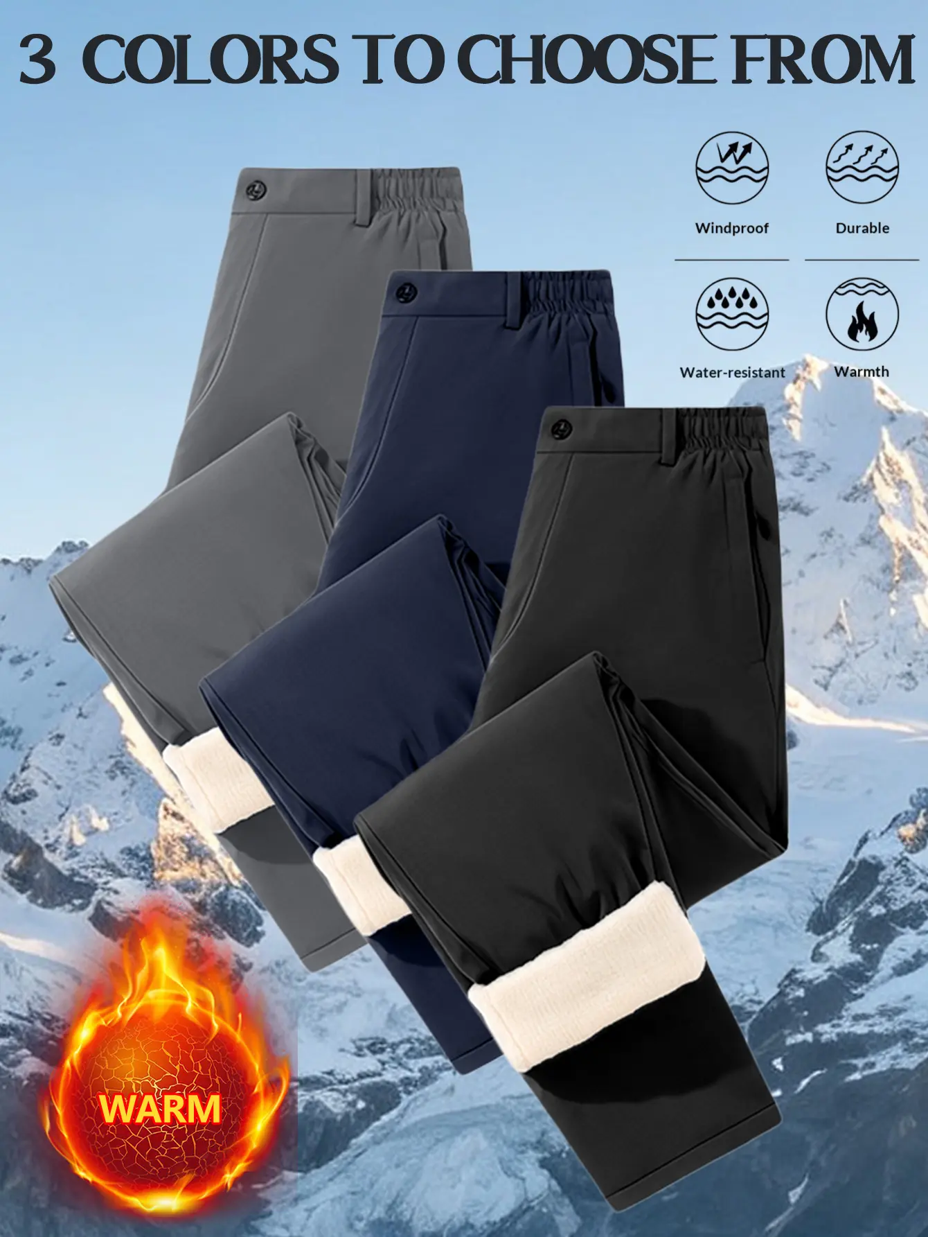 Men’s fleece-lined outdoor long pants available in three colors — windproof, waterproof, wear-resistant, thickened, with an elastic waistband; suitable for commuting and hiking.