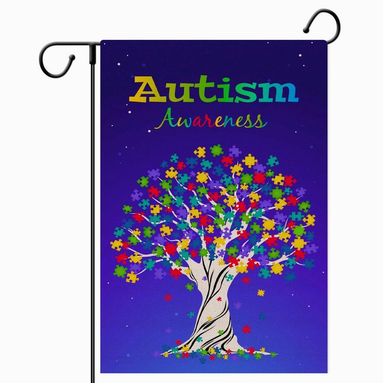 Autism Awareness Garden Flag, Puzzle Piece Inspirational Support Yard Sign, Colorful Tree House Decor.