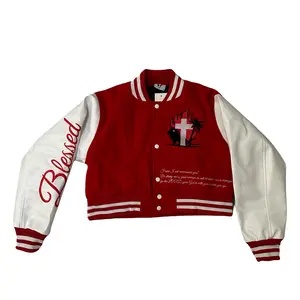Varsity Red Womens Letterman Jacket - Cotton Blend, Fits Women, Leather, Comfortable Fit, Suitable for All Seasons, Women Crop Cut Y2K Streetwear Bomber Jackets Cropped Womenswear