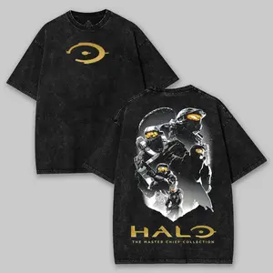 Acid Wash Vintage Unisex Tee, Halo Master Chief 2-Sided Print FPS Gamer Streetwear Washed Graphic T-Shirt