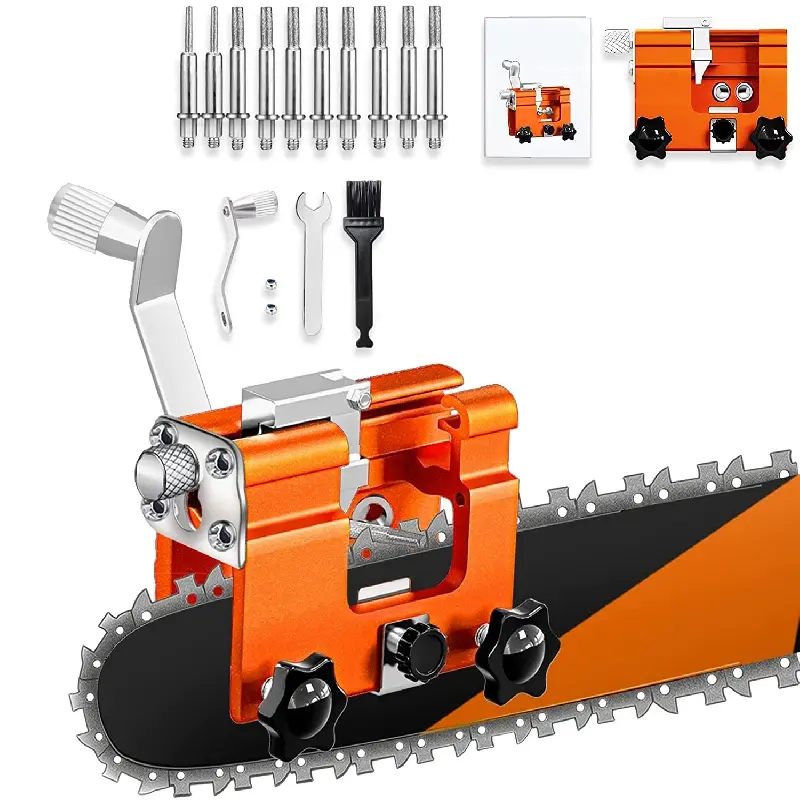 Hand-Cranked Chainsaw Jig Sharpener Kit - Adjustable Power Tool Accessory with Crank Handle, Manual Adjustment, 1/3/5/10 Burrs, Detailed Operating Manual, Video Guide