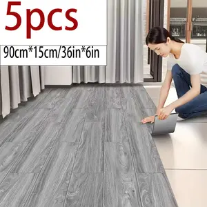 5-Piece Light PVC Flooring Tiles Wood Grain Effect Self-Adhesive Waterproof Floor Stickers for Kitchen Bedroom Bathroom Living Room Office