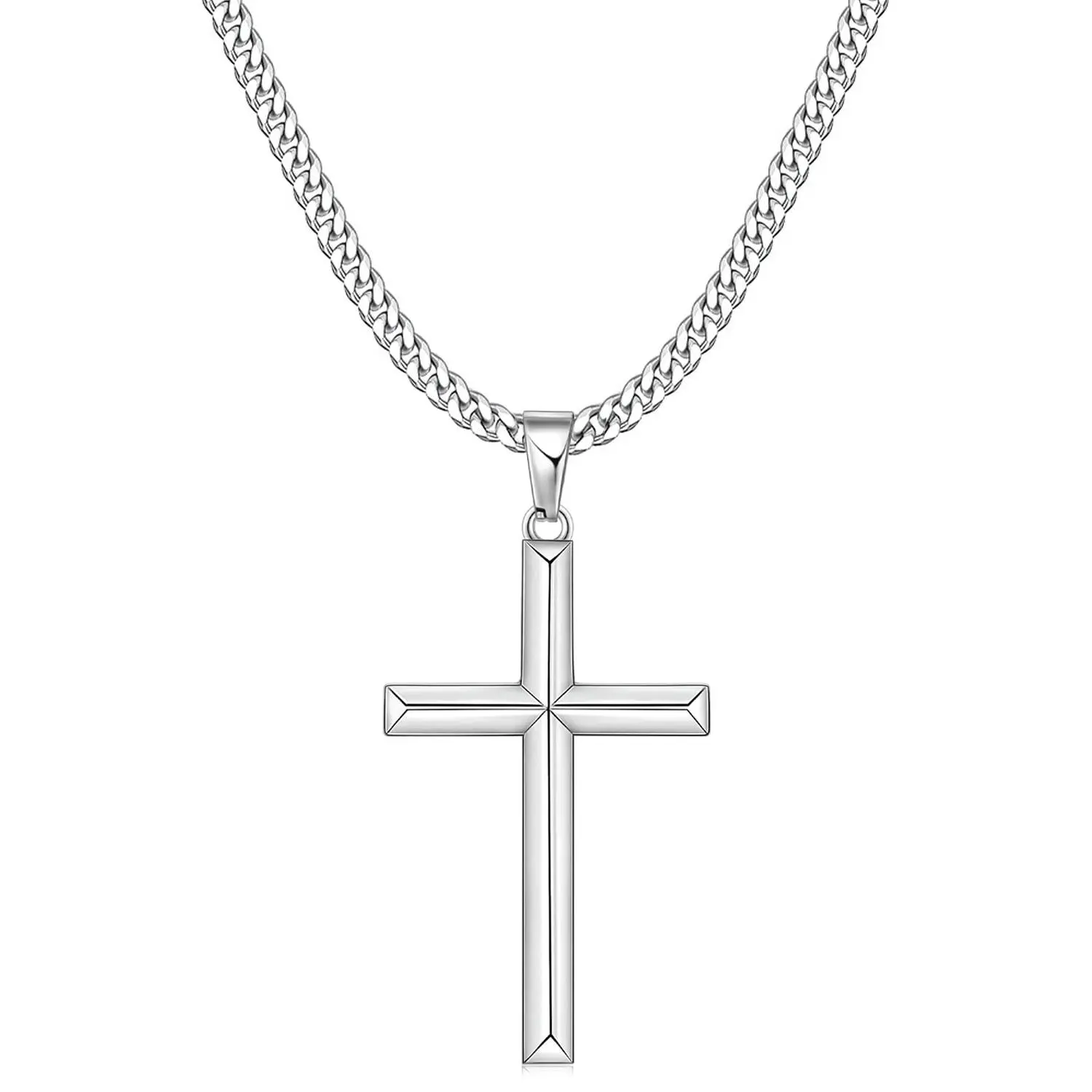 Beveled Edge Cross Necklace for Men, Silver Tone/Black/14K Gold Plated Mens Cross Necklace, Stainless Steel Cuban Chain with Pendant, Religious Gift