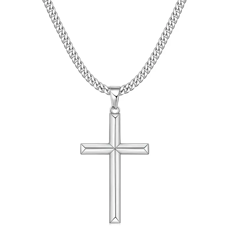 Men's Beveled Edge Cross Crucifix Pendant Necklace - 316L Stainless Steel Cuban Chains, Silver Tone/Black/14K Gold Plated, Skin-Friendly Faith Style Dad Necklace for Adult Brothers, Graduation Gift