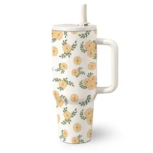 1 Pc 40 Oz Stainless Steel Water Cup Tumbler with Handle and Straw, Aesthetic Yellow Floral and Green Leaf Pattern Design, Double Wall Insulated Thermal Mug, Hot 12H/ Cold 24H, Warm Style Drinkware, Great for Mother’s Day, Birthday and Family Gifts.