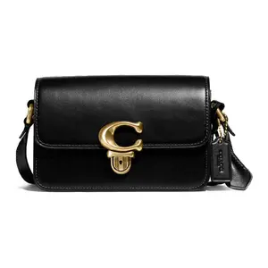 COACH Studio 19 C-Logo Flap Crossbody Bag for Women – Genuine Leather Small Square Handbag in Black