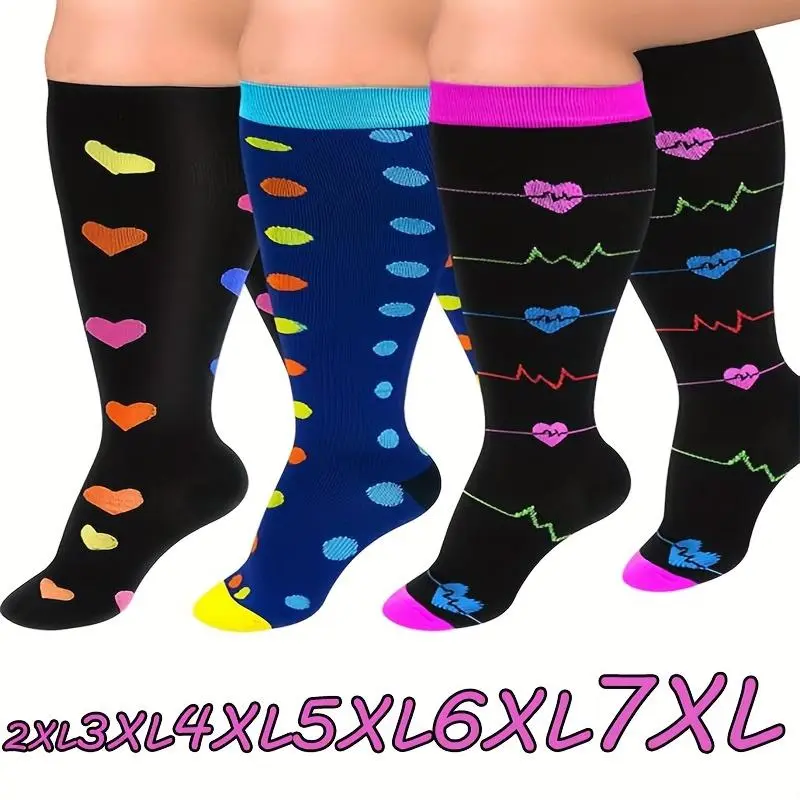 3-Pair Men's and Women's Plus Size 2XL 3XL 4XL 5XL 6XL 7XL Split-Toe Heart Dot Compression Socks, Athletic Calf Socks, Segmented Pressure Socks for Valentine's Day, Couples' Sports, New Year's Gift