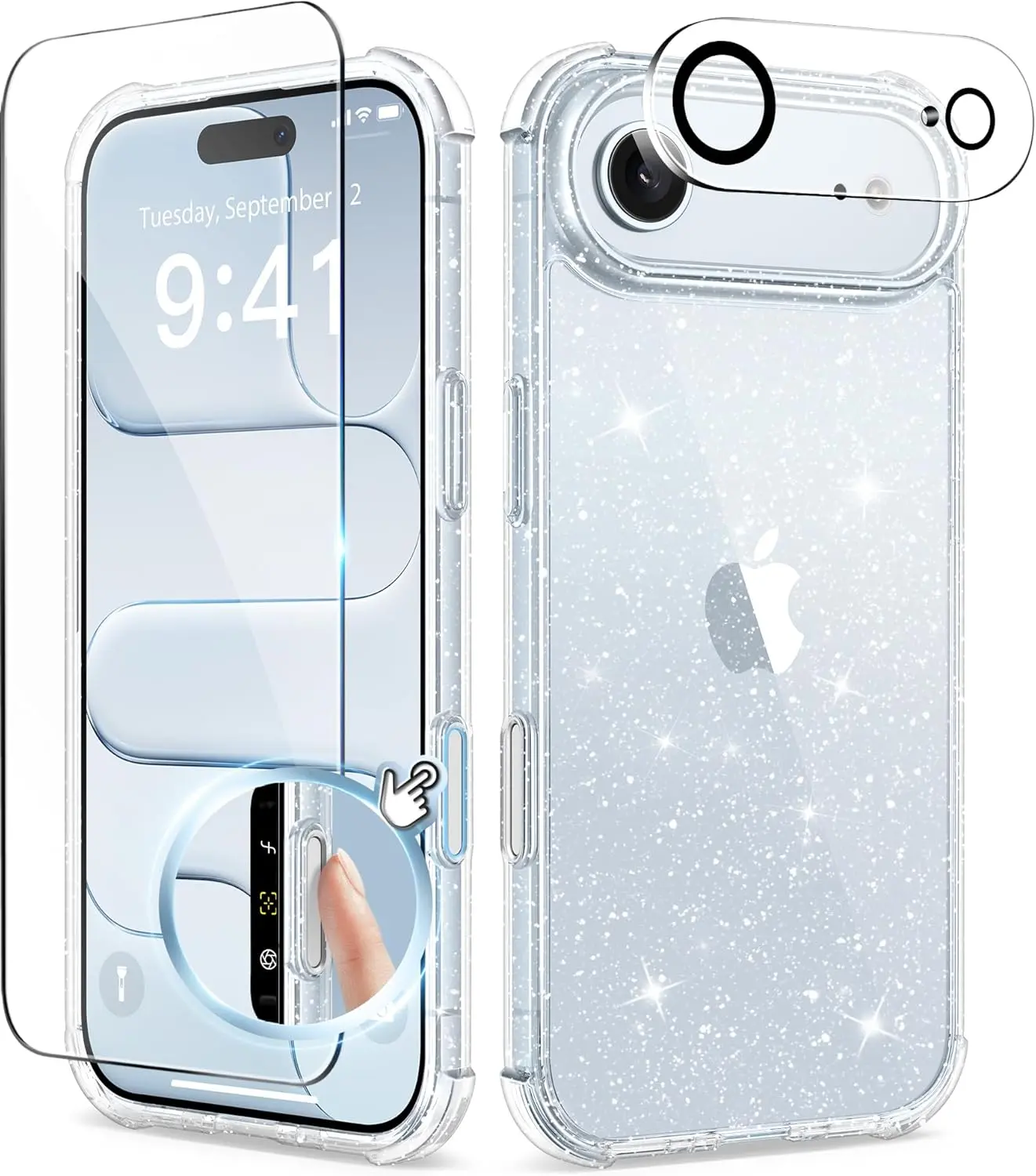for iPhone Air Case, with Screen Protector & Camera Lens Protector, Anti-Yellowing, Clear Glitter Shockproof Protective Phone Case for iPhone 17 Air 6.5"