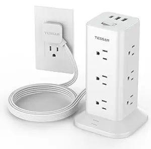 Power Strip Tower with Surge Protection, TESSAN Flat Plug Extension Cord 6 Feet with 12 Multiple Outlets 3 USB Ports (1 USB C), Surge Protector Tower for Home, Office Supplies, Dorm Room Essentials