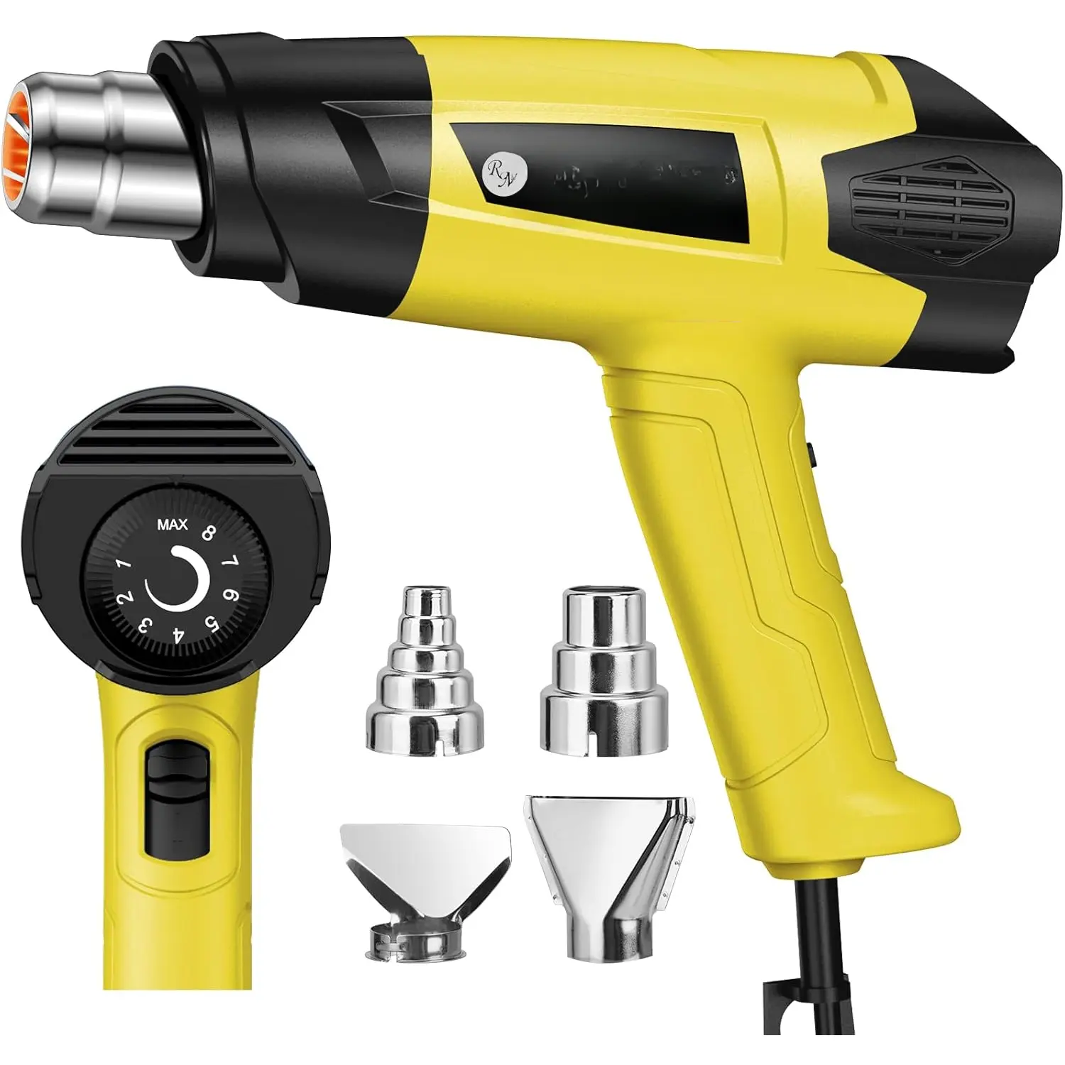1500W Heavy Duty Hot Air Kit - Variable Temp Control (120°F~1200°F), 2 Air Flows, 4 Nozzles, 132 gal/min, Ceramic Components, Slip-Proof Handle, Precise Heat for Crafts, Heat Shrink Tubing, PVC Pipes (Yellow)