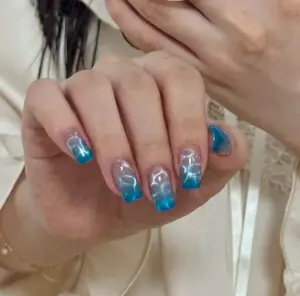 Ocean Blue Sea Waves Cat Eye Nail, Chrome French Tips Aurora Press on Nail, Summer Holiday Nail